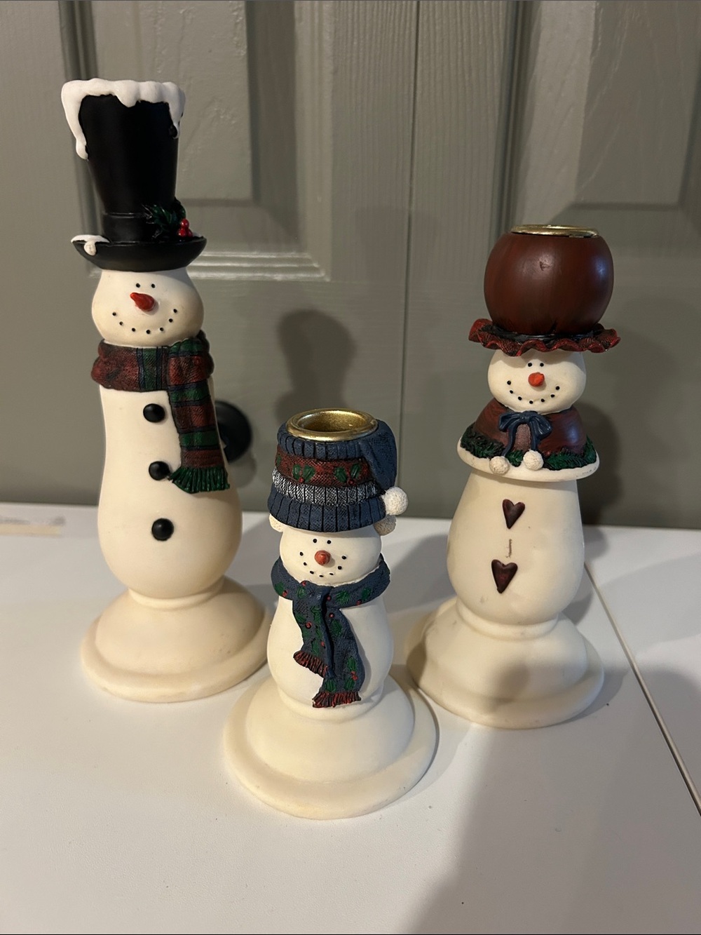 Vintage Snowman Ceramic Candle Holders Set - Holiday Home Décor